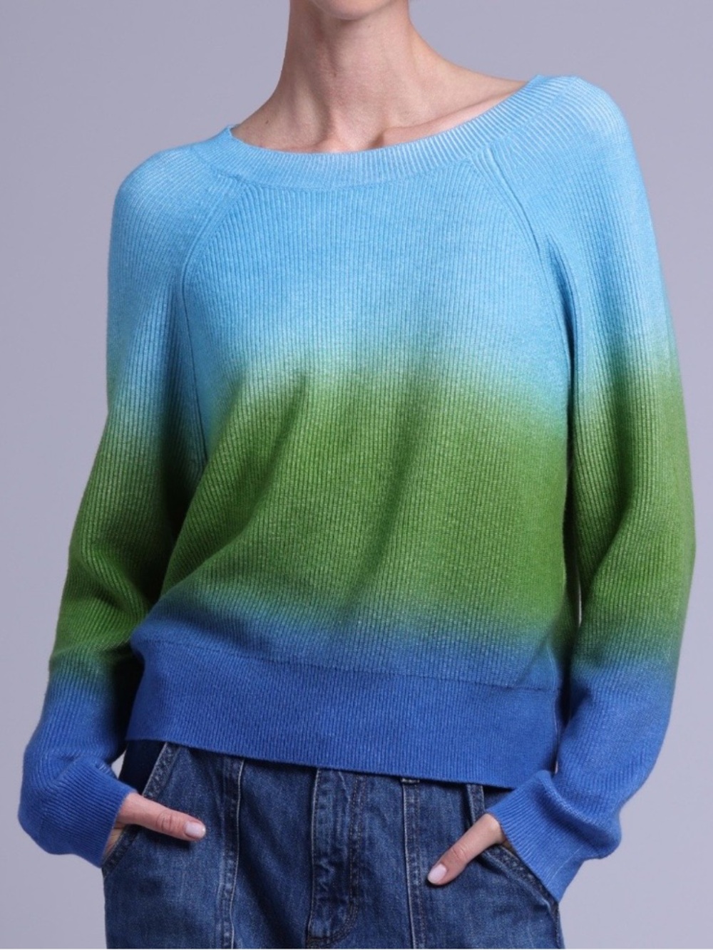 Minnie Rose Cotton Cashmere Long Sleeve Crew XL Blue Green NEW NWT